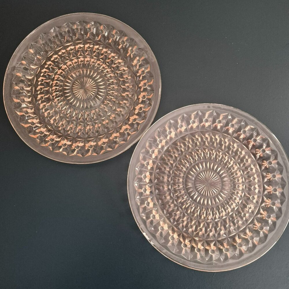 Vintage Jeannette1940-60s Holiday Pink Glass Dinner Plate SET of 2 Button & Bow